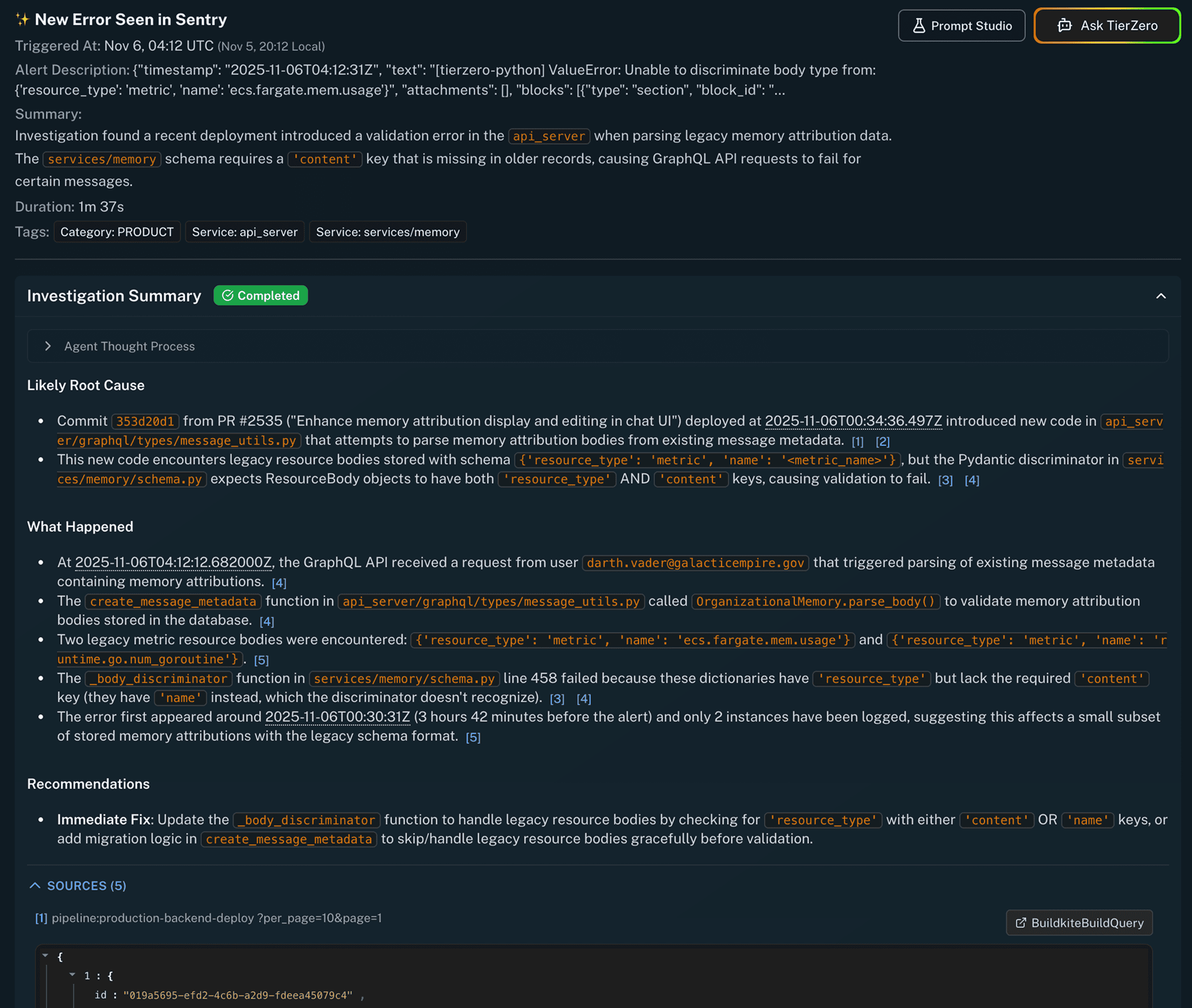 TierZero investigation summary dashboard screenshot