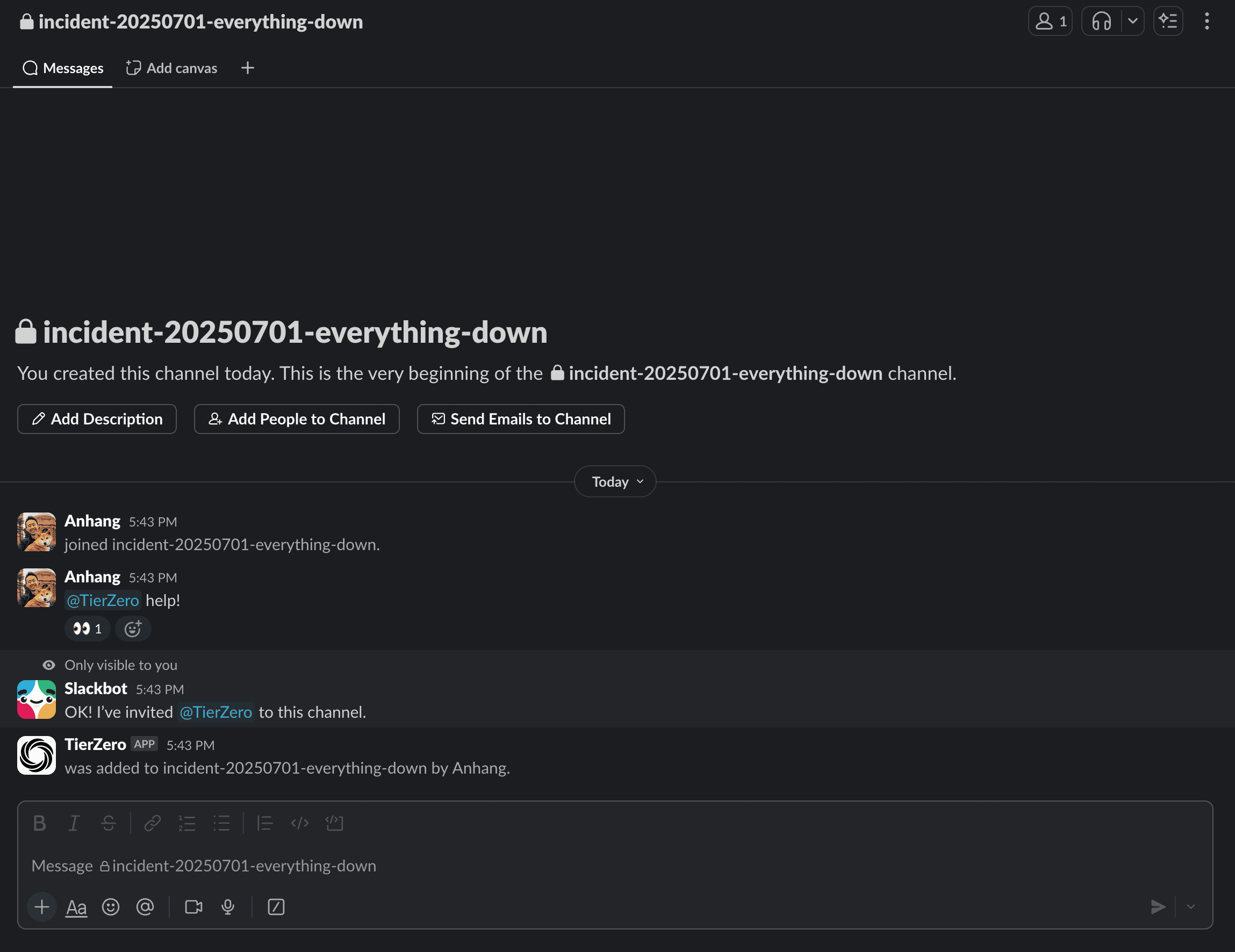Screenshot showing how to invite TierZero to a Slack channel using /invite @TierZero command