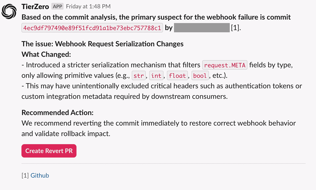 Screenshot of TierZero in action in Slack, showing AI-powered incident investigation and response