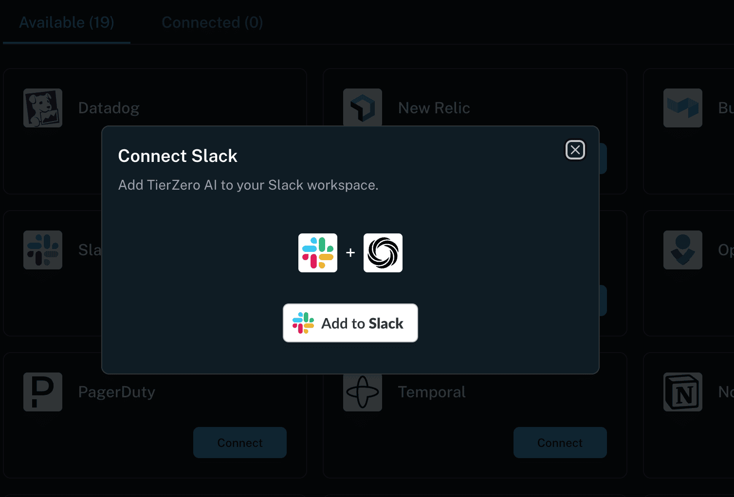 TierZero Settings showing Slack integration with Connect Slack modal open, displaying Add to Slack button